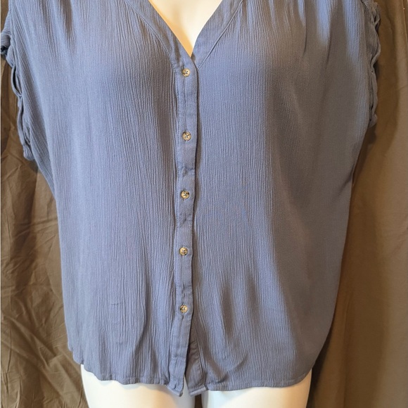 Orvis Dusty Blue Button-Front V-Neck Blouse - Picture 2 of 5
